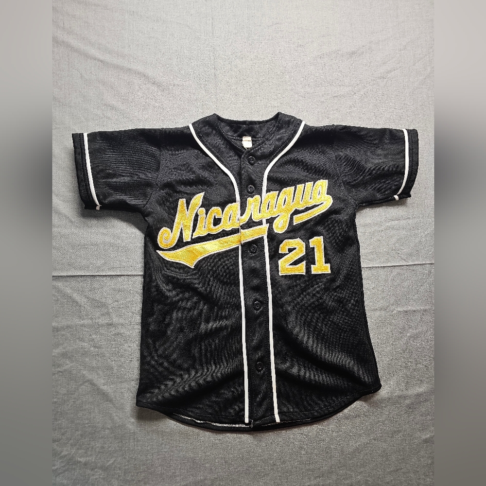 Youth Nicaragua Baseball Jersey Black #21 Embroidered Button-Up YL